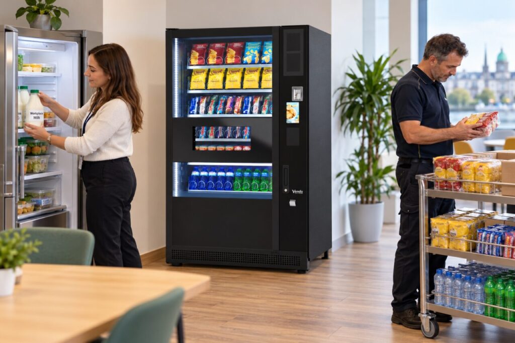 Office host stores communal milk separately from vending stock beside a vending machine