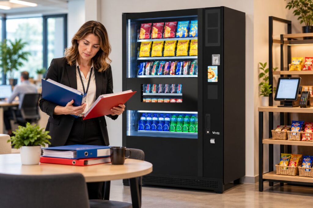 Administrator compares annual purchase-order folders beside a vending machine