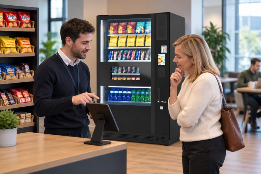 Customer asks a host about a micro-market checkout beside a vending machine