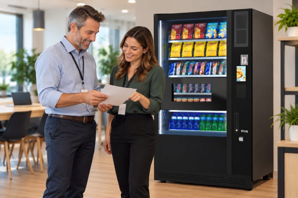Employee and coordinator discuss a benefit note beside a vending machine