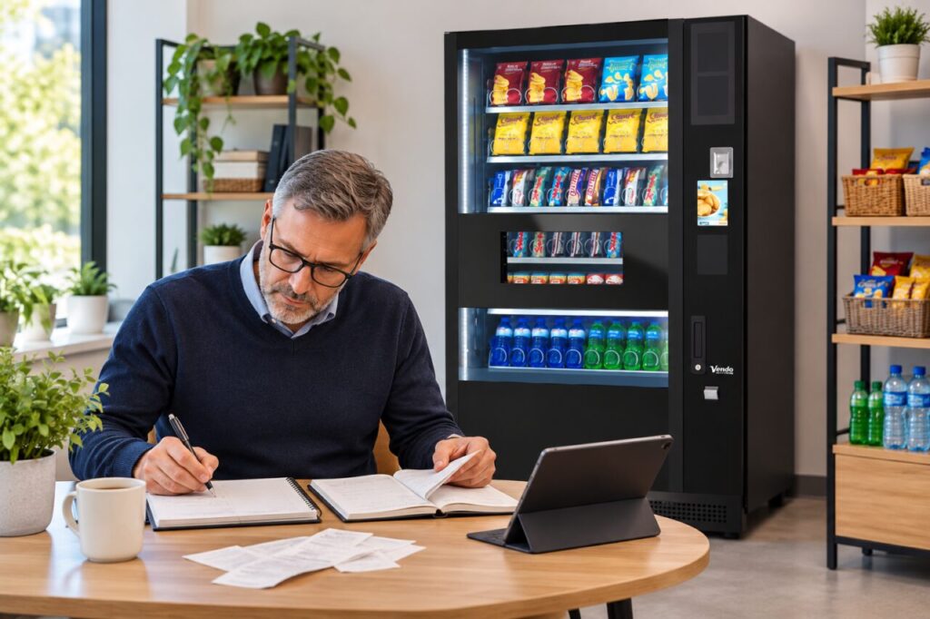 Owner reviews funding and sales records beside a vending machine