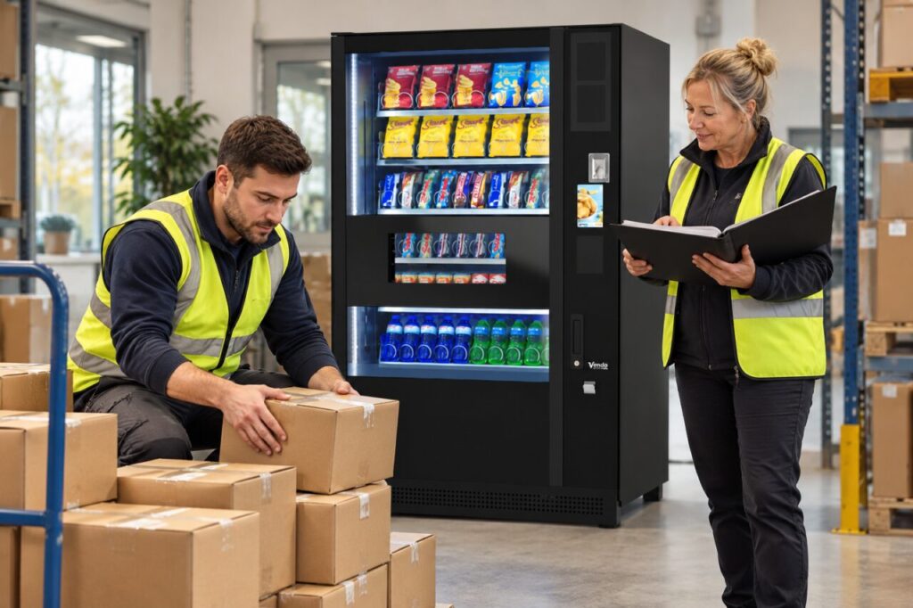 Operator reviews a stock inventory beside a vending machine