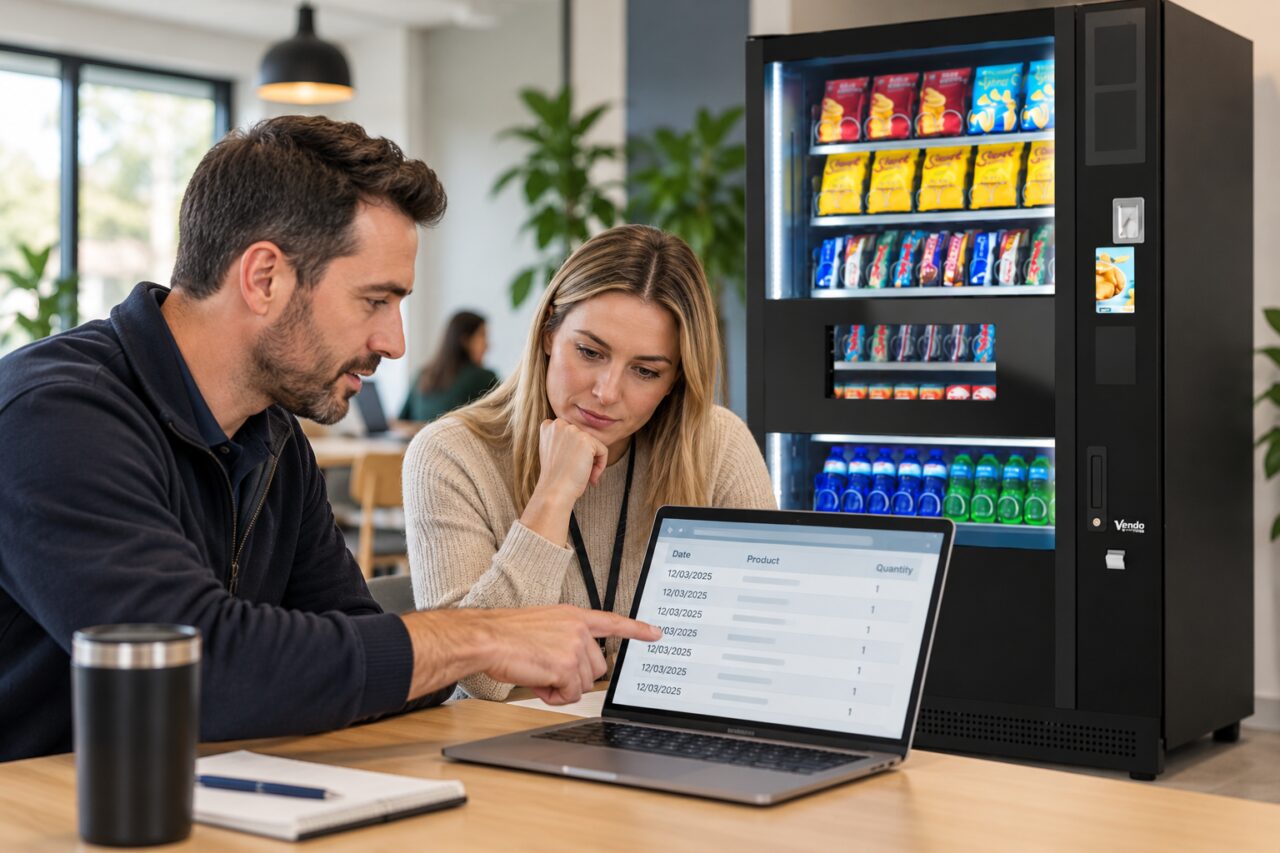 Operator checks repeated sales-report rows beside a vending machine