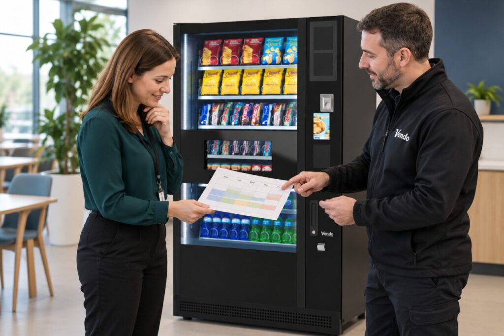 Buyer discusses a support-hours calendar beside a vending machine