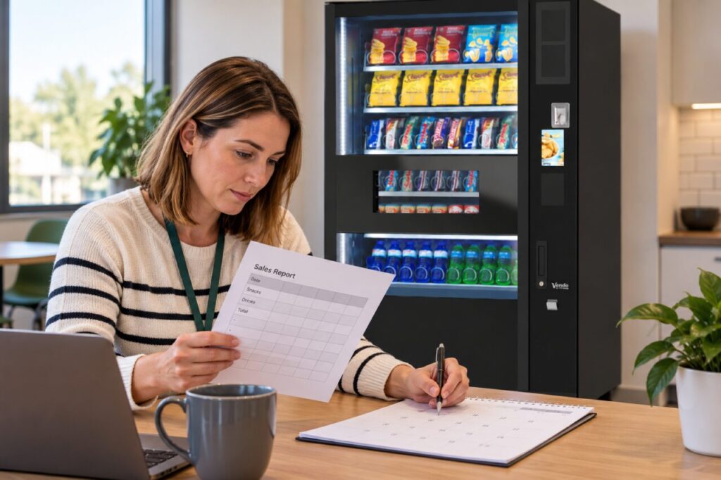 Operator compares report dates with a calendar beside a vending machine