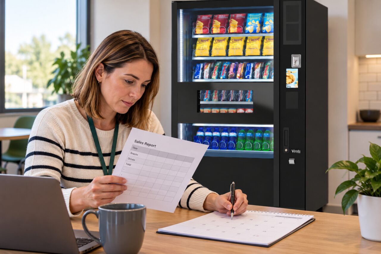 Operator compares report dates with a calendar beside a vending machine