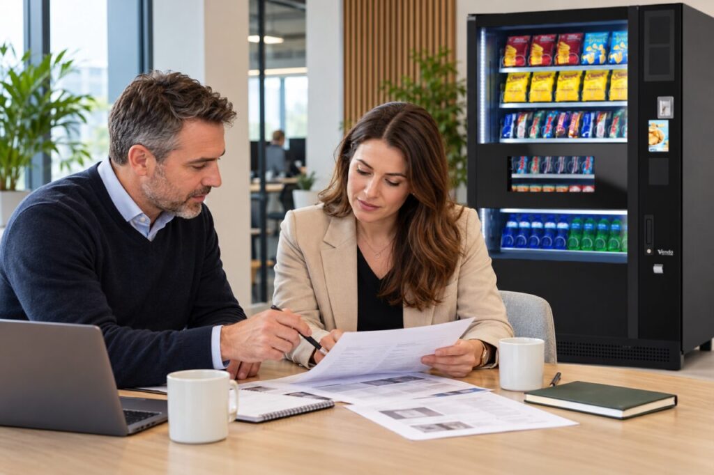 Colleagues reconcile order instructions beside a vending machine