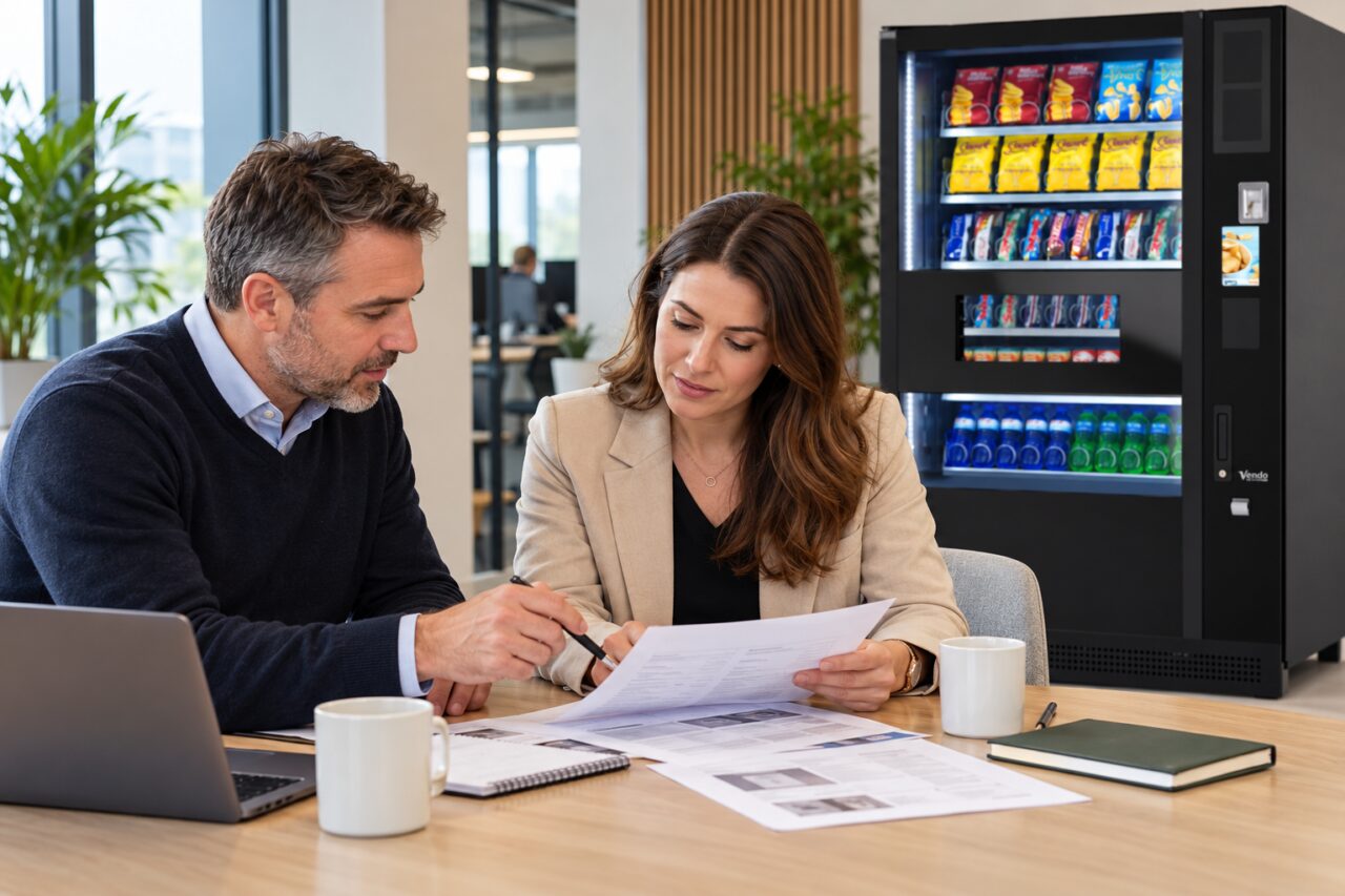 Colleagues reconcile order instructions beside a vending machine