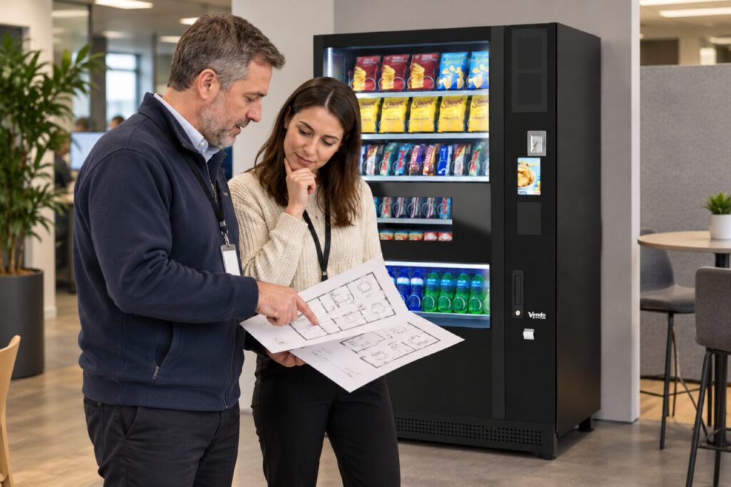 Facilities colleagues compare trial and final room plans beside a vending machine
