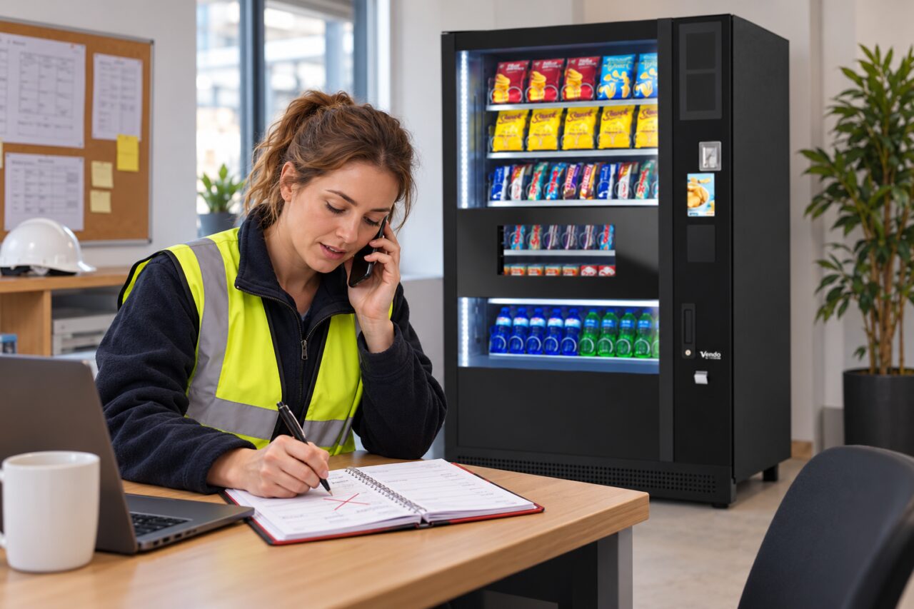 Site coordinator records a cancelled appointment while calling support beside a vending machine