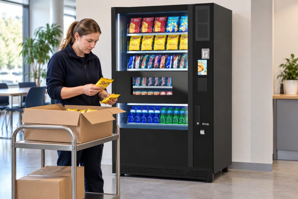 Operator counts snack packs from a carton beside a vending machine