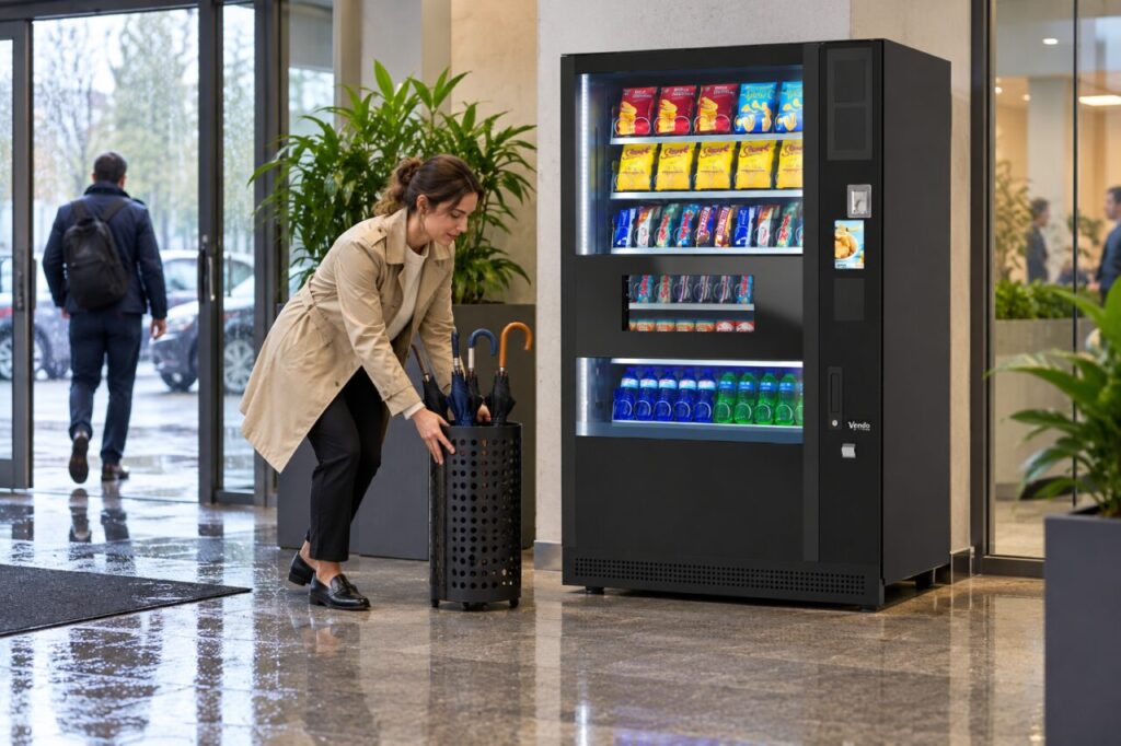 Host moves an umbrella stand away from a vending machine