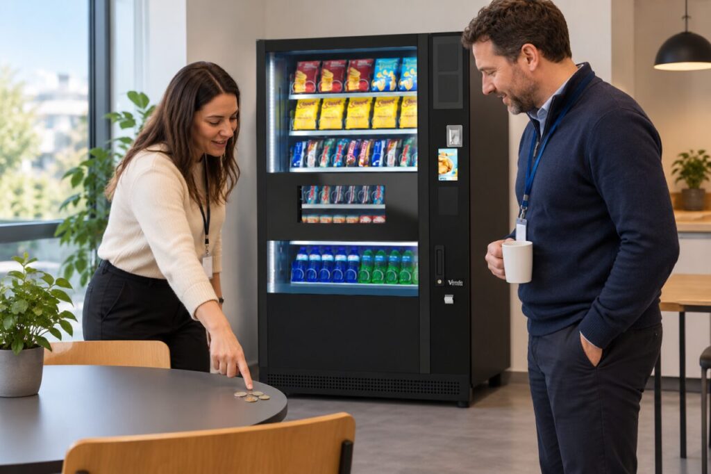 Customer points out found coins to a host beside a vending machine