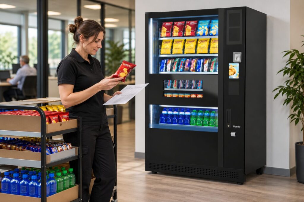 Operator matches a snack pack to a stock sheet beside a vending machine