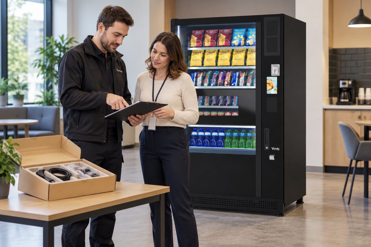 Buyer and supplier review outstanding accessories beside a vending machine