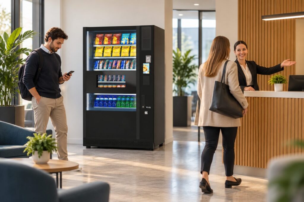 Receptionist directs a visitor separately from a waiting vending customer