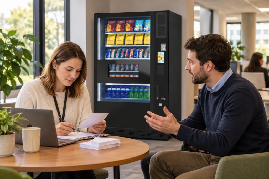 Office coordinator compares feedback notes beside a vending machine