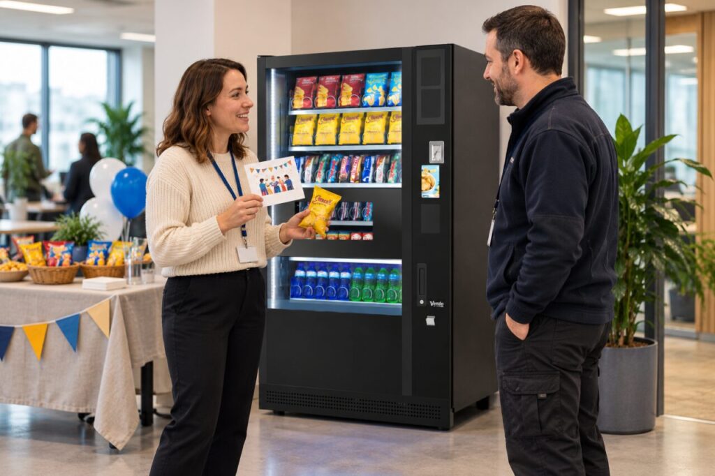 Organiser discusses an event snack request beside a vending machine
