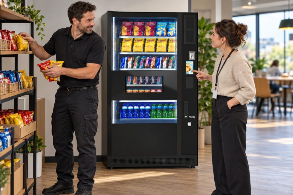 Operator restocks micro-market shelves while answering a customer beside vending