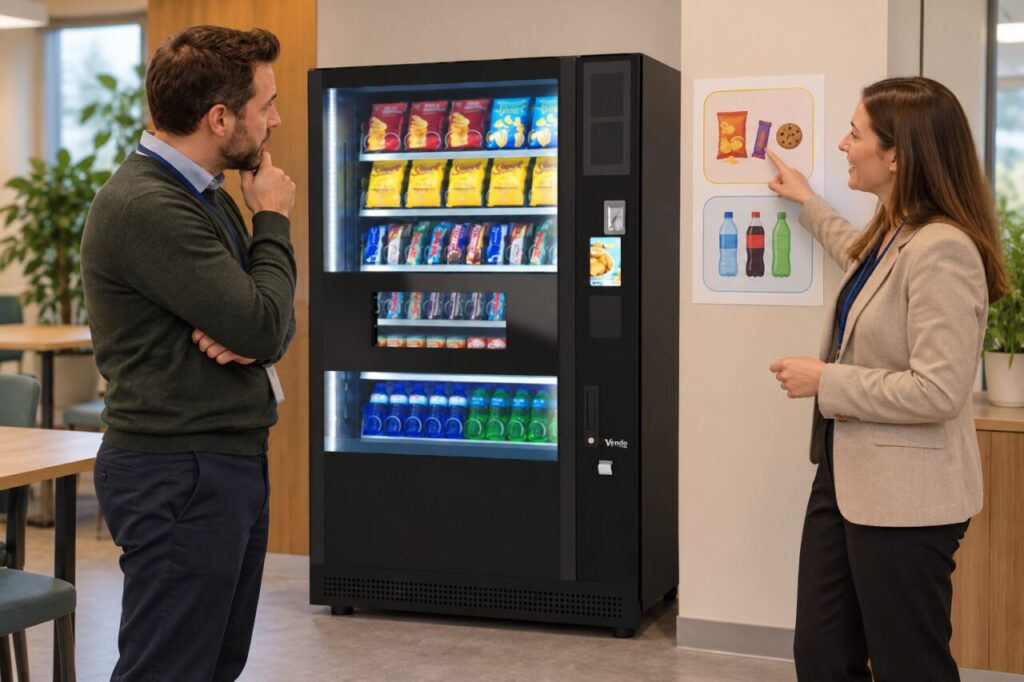 Coordinator explains snack and drink benefit groups beside a vending machine