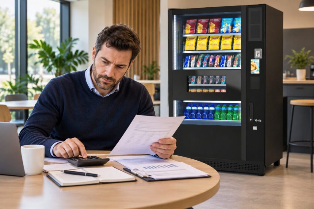 Owner calculates a supplier cost change beside a vending machine