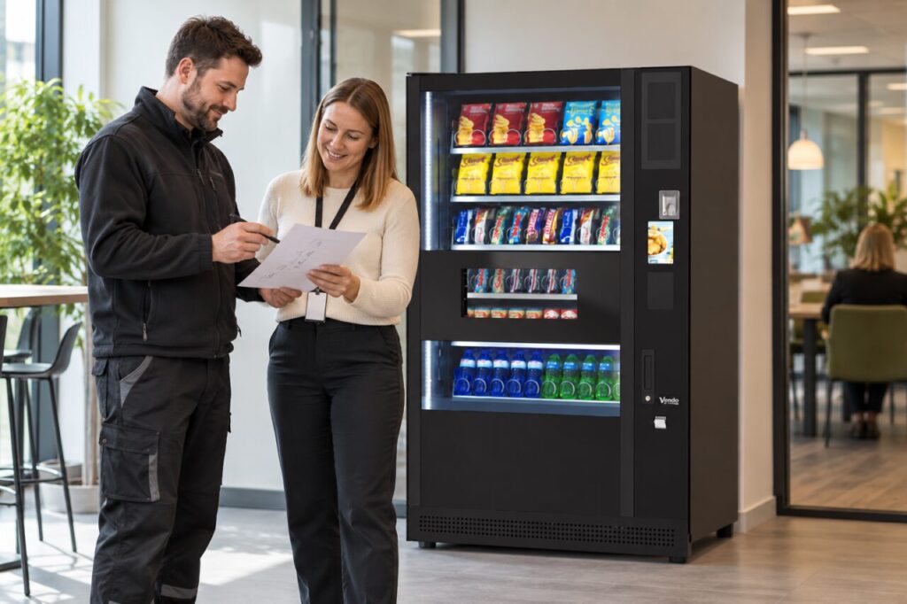 Operator and host review refund tally counts beside a vending machine