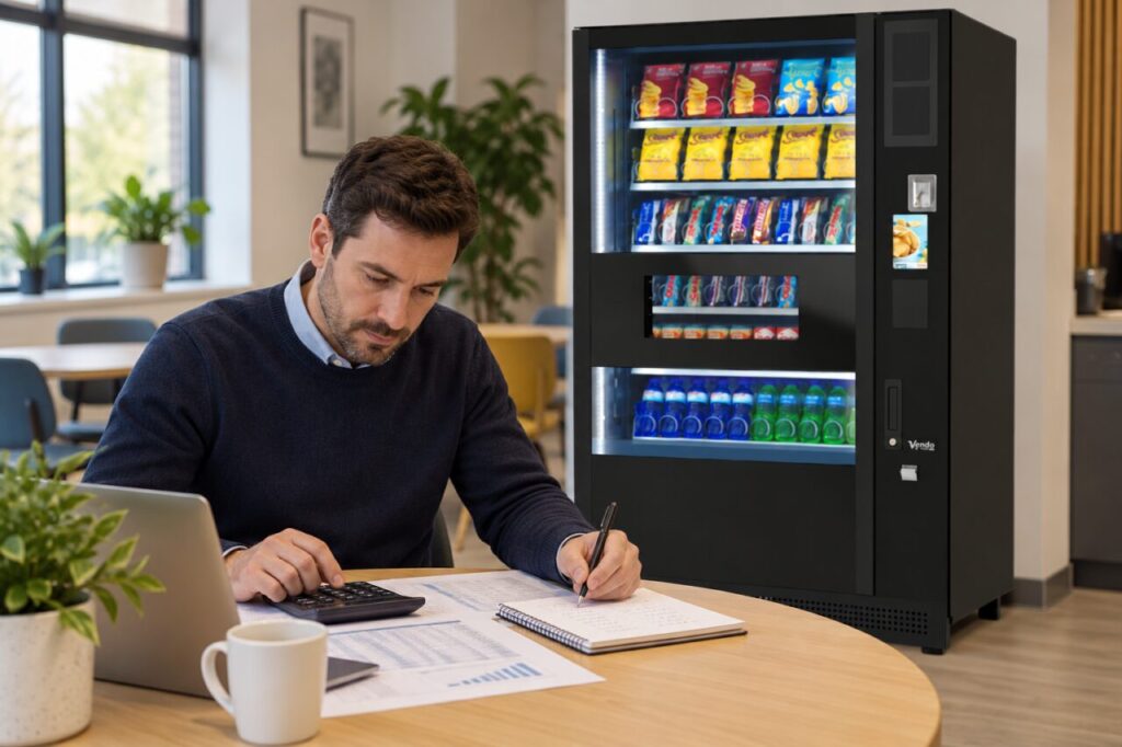 Owner checks detailed and rounded cost figures beside a vending machine