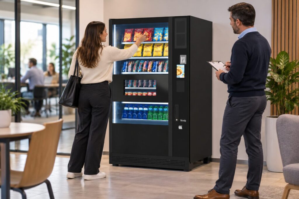 Buyer observes a customer choosing a snack during a vending demonstration