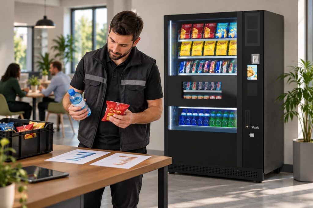 Operator compares snack and drink rankings beside a vending machine