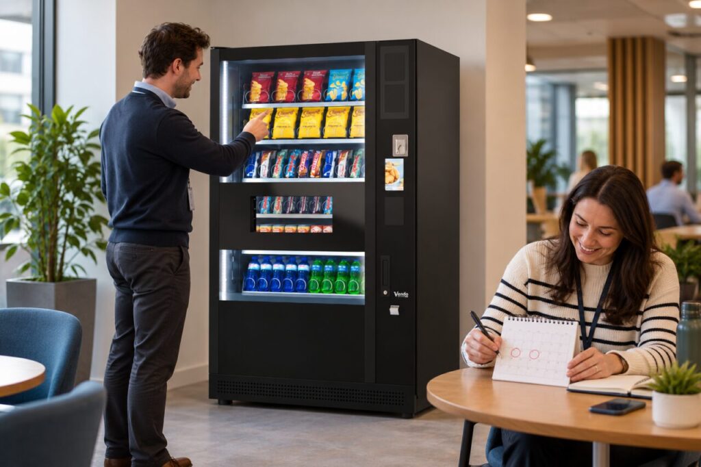 Staff member practises choosing a snack while a colleague plans two launch dates