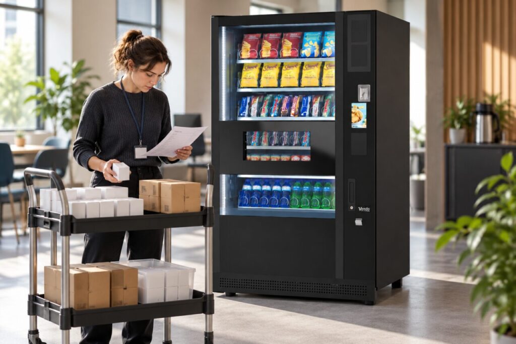 Buyer checks boxed accessory allocations beside a vending machine