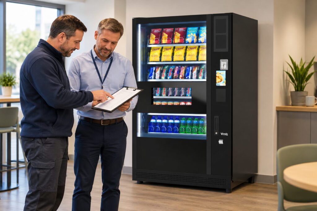 Host and engineer review a completion checklist beside a vending machine