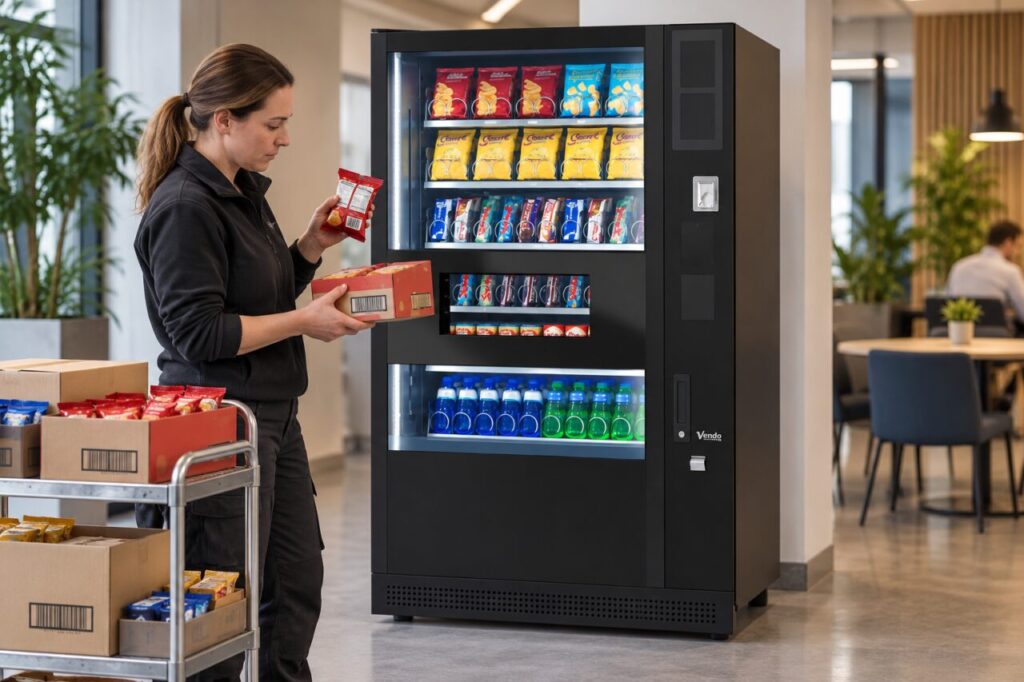 Operator compares individual pack and carton barcodes beside a vending machine