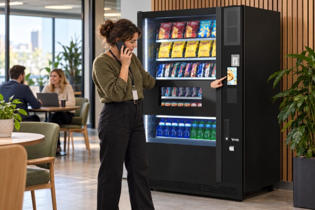 Customer phones support beside a vending machine