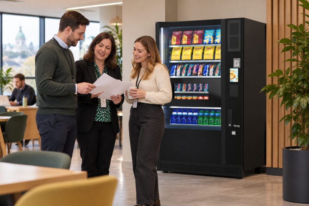 Office representatives discuss group feedback beside vending