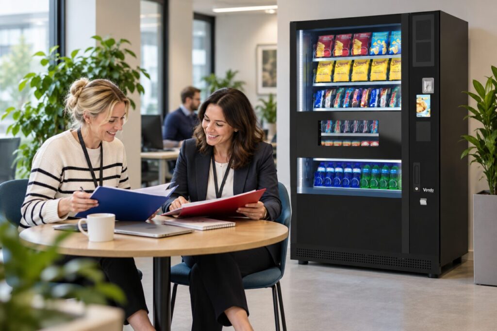 Administrators compare two refreshment budget folders beside vending