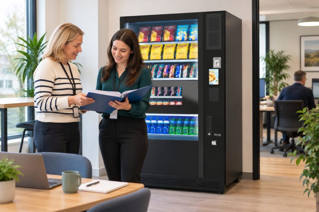 Colleagues hand over vending hire records beside the equipment