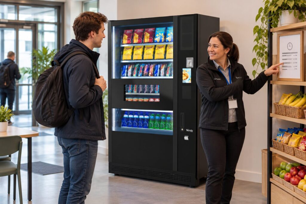Host explains micro-market opening hours beside a vending machine