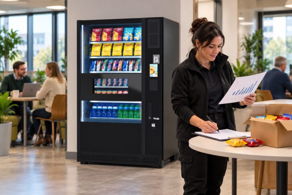 Operator compares exceptional order notes and sales charts beside vending
