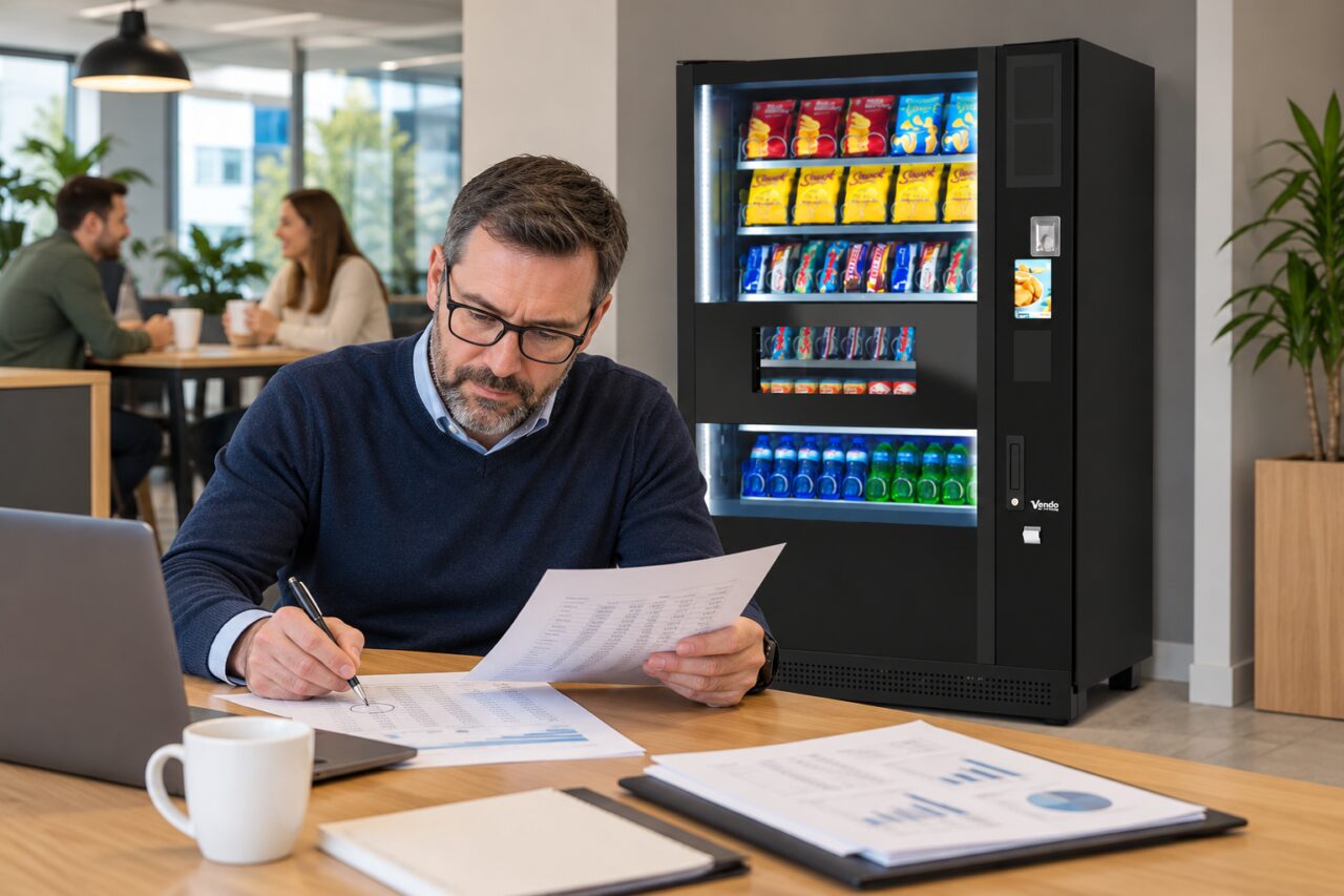 Owner marks an approved budget version beside a vending machine