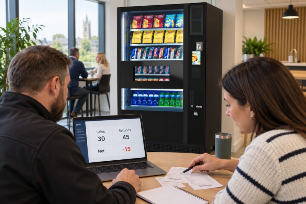 Operator checks a negative sales figure against transaction notes beside vending