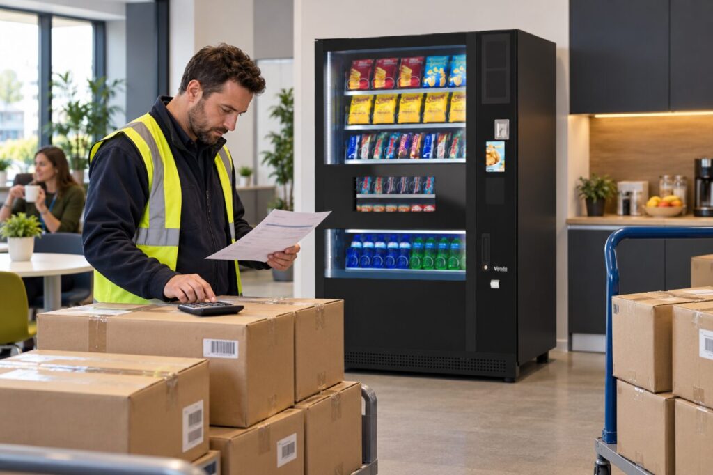 Operator counts stock cartons while checking freight charges beside vending