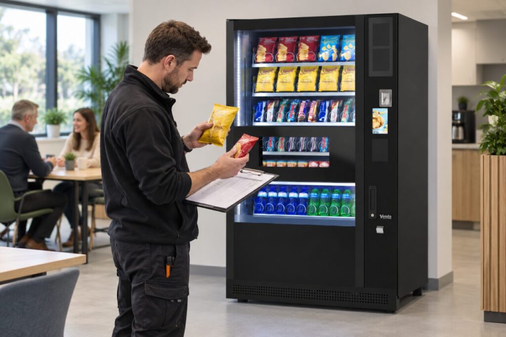 Operator compares two pack sizes and a sales worksheet beside vending