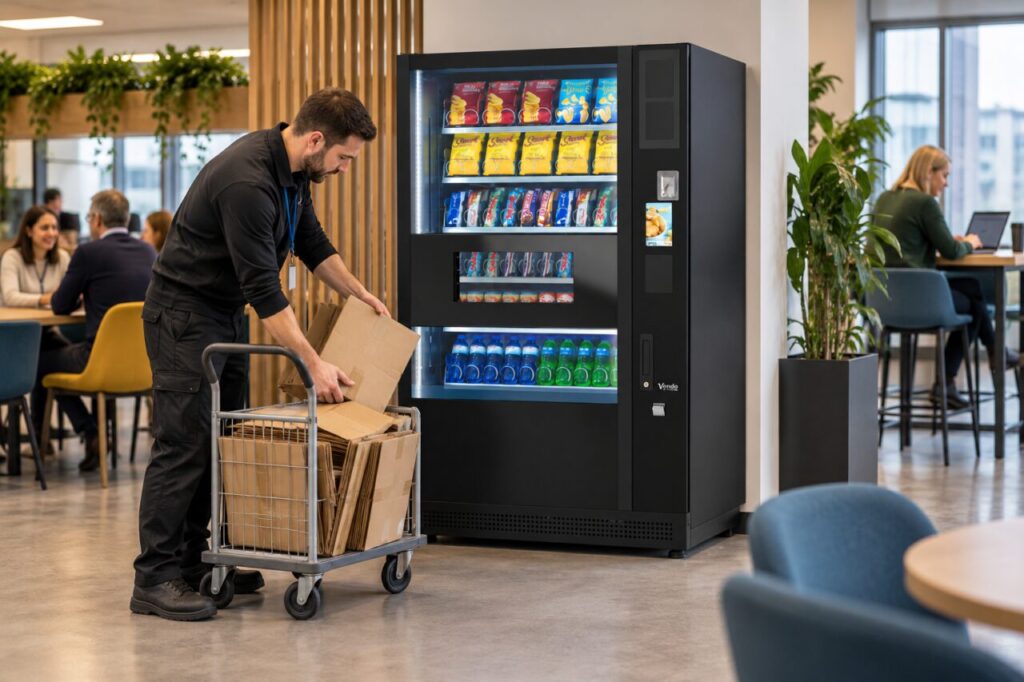 Operator folds empty refill cartons onto a trolley beside vending