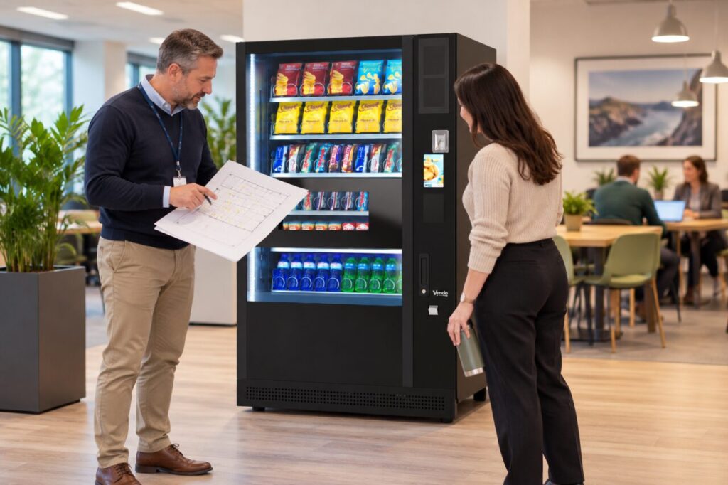 Facilities buyer reviews lighting plans while a colleague checks vending visibility