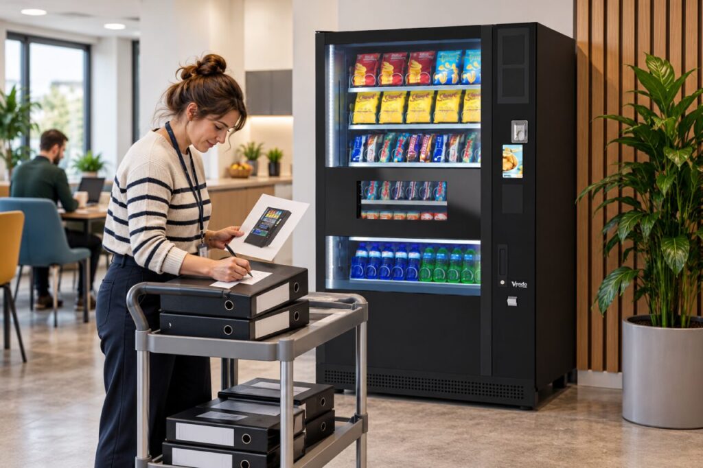 Receiver organises equipment document folders beside a vending machine
