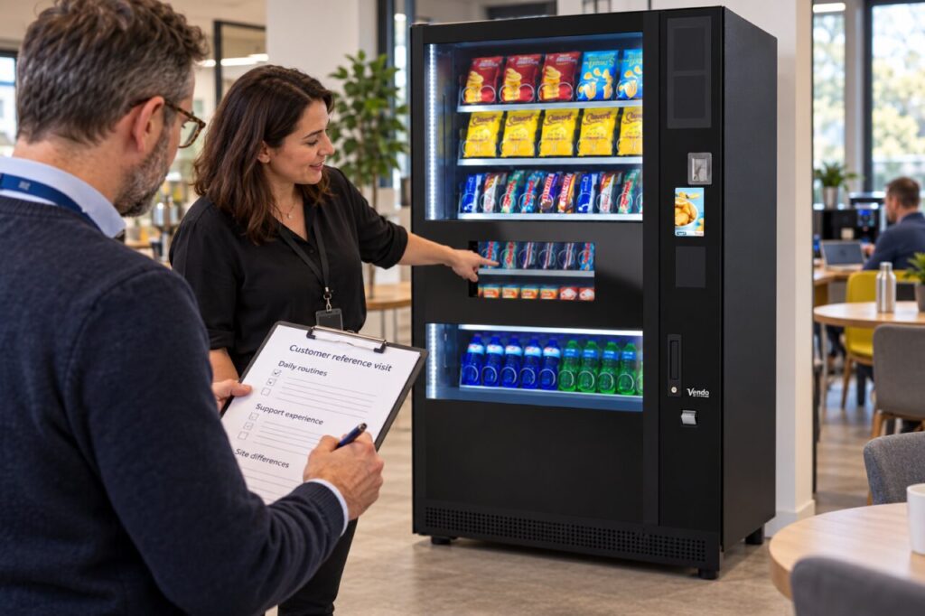 Buyer discusses a customer reference visit beside a vending machine