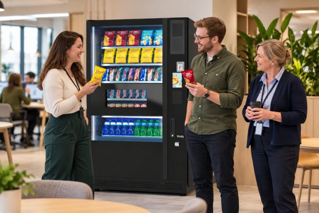 Office colleagues discuss different snack preferences beside vending