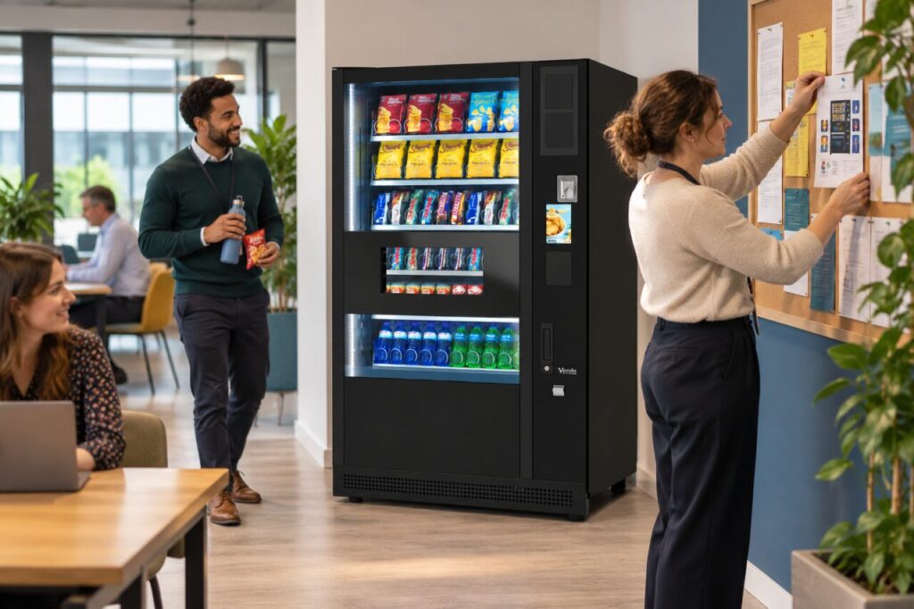 Office host clears overlapping notices beside a vending machine