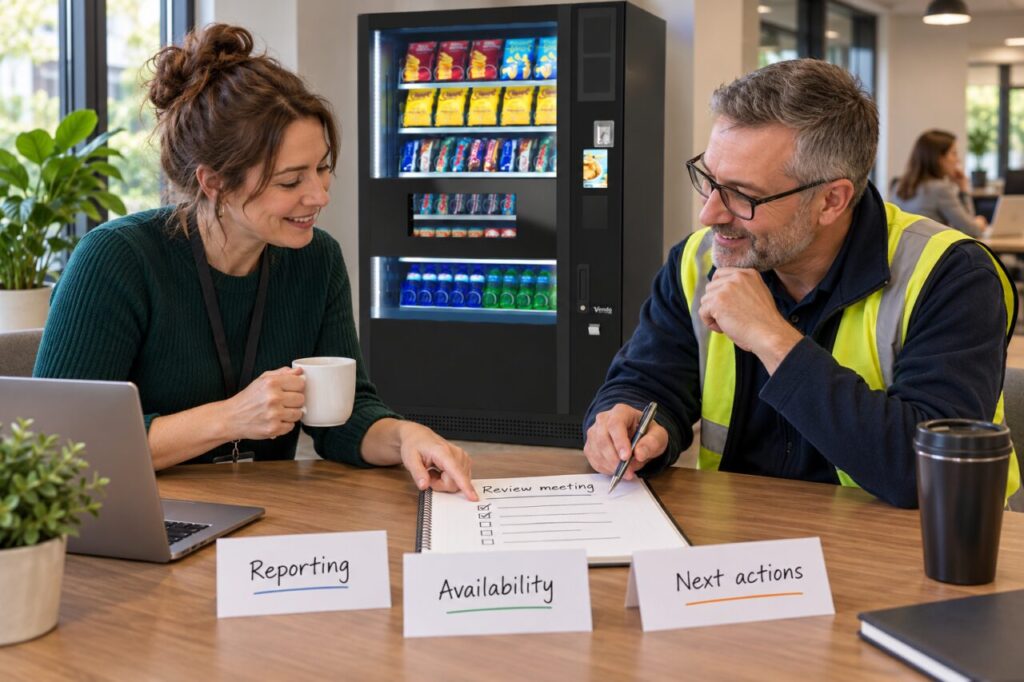 Host and supplier review service actions beside hired vending equipment